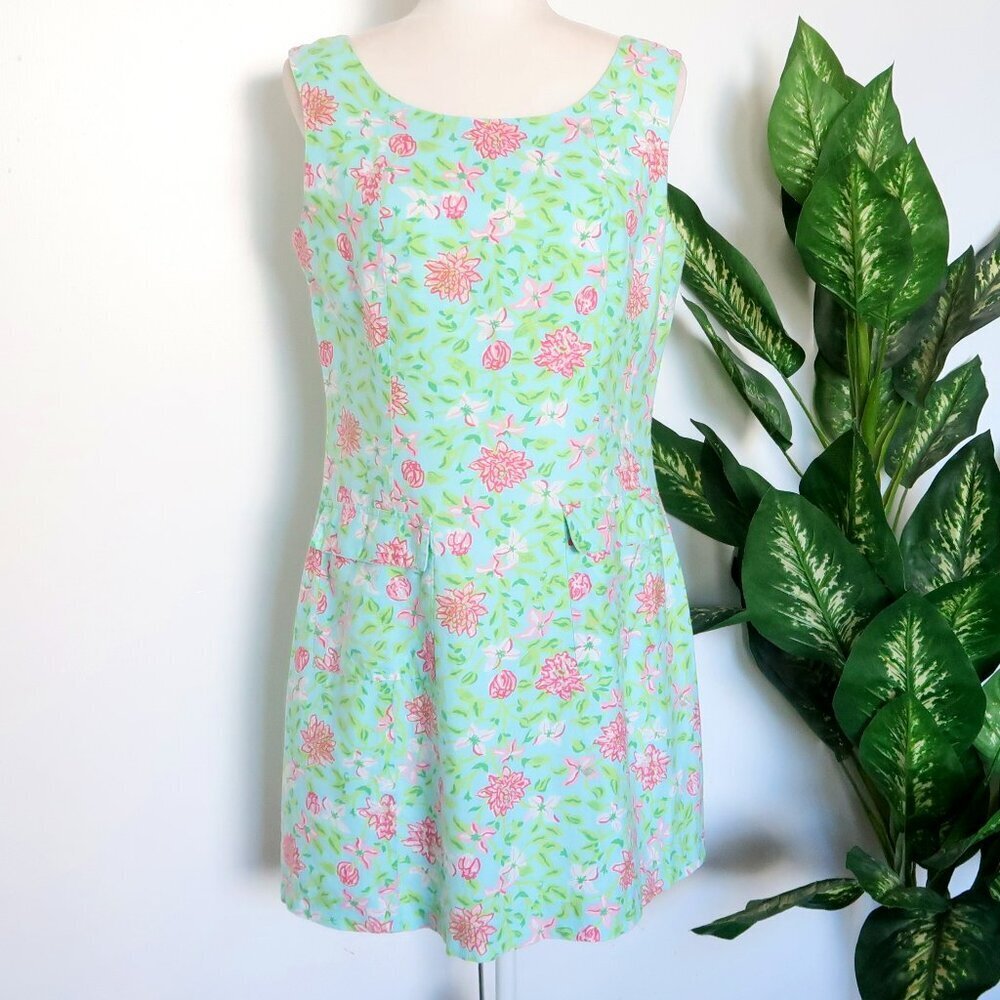 Lilly Pulitzer Linen Cotton Blue Ping Floral Sleeveless Boat Neck Sheath Dress 8 - Picture 9 of 9